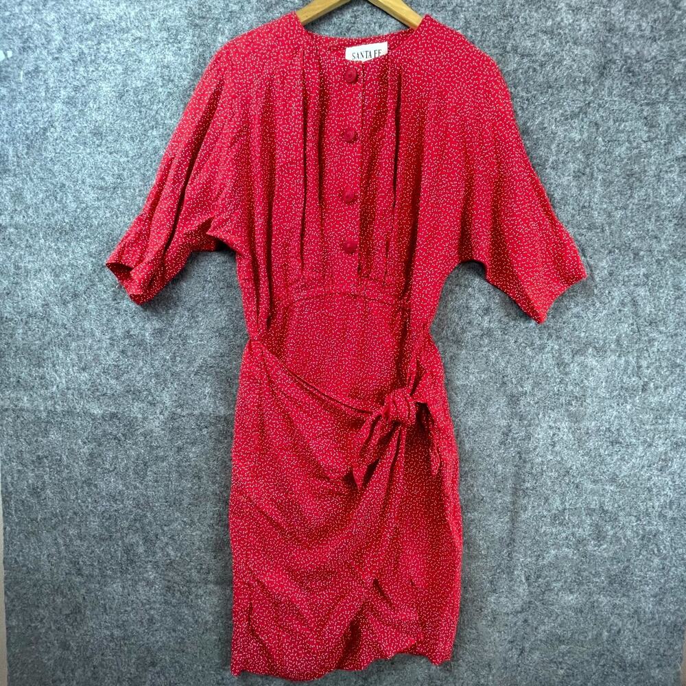 Vintage Santa Fe Dress Womens 14 Red Polka Dot Knotted Front Batwing 80s‎ Wrap
